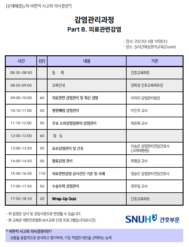 2023년도 4월 제27차 감염관리과정 Part B. 의료관련감염 일정표입니다.