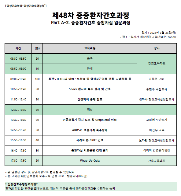 2023년도 3월 제48차 중증환자간호과정 Part A-2. 중환자실 입문과정 일정표입니다.