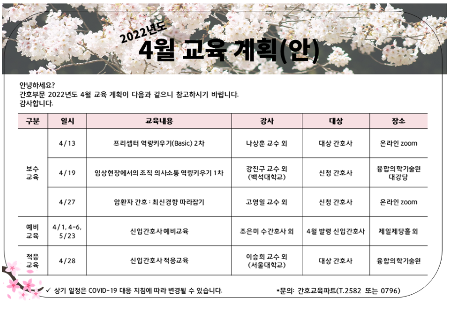 [서울대병원/간호부문] 2022년도 4월 교육계획안