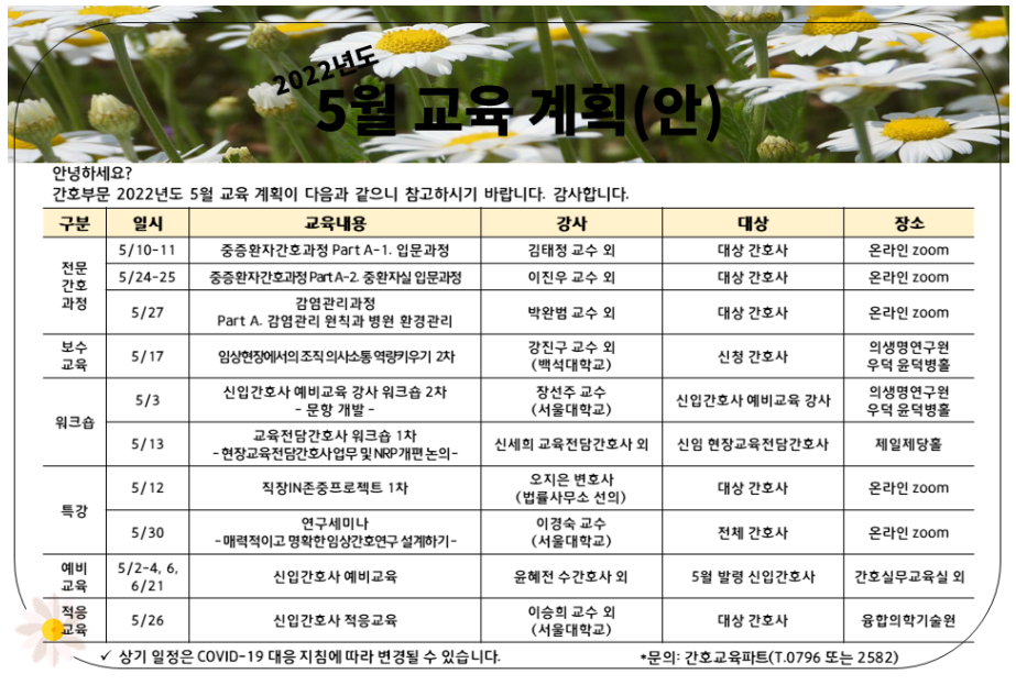 [서울대병원/간호부문] 2022년도 5월 교육계획안