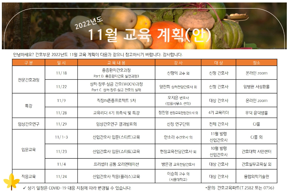 [서울대병원/간호부문] 2022년도 11월 교육계획안