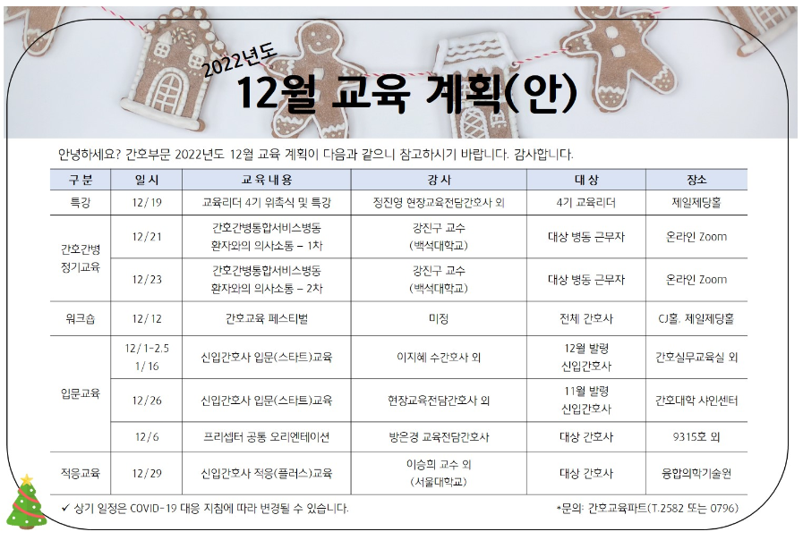 [서울대병원/간호부문] 2022년도 12월 교육계획안