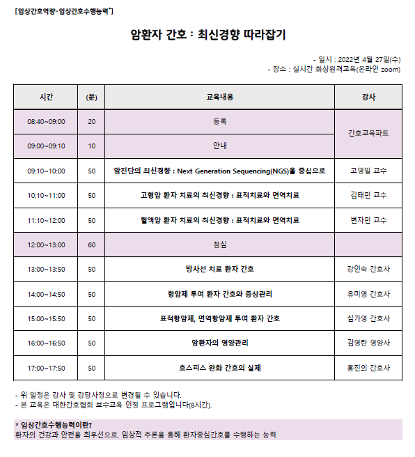 2022년도 4월 암환자 간호 : 최신경향 따라잡기 일정표입니다.