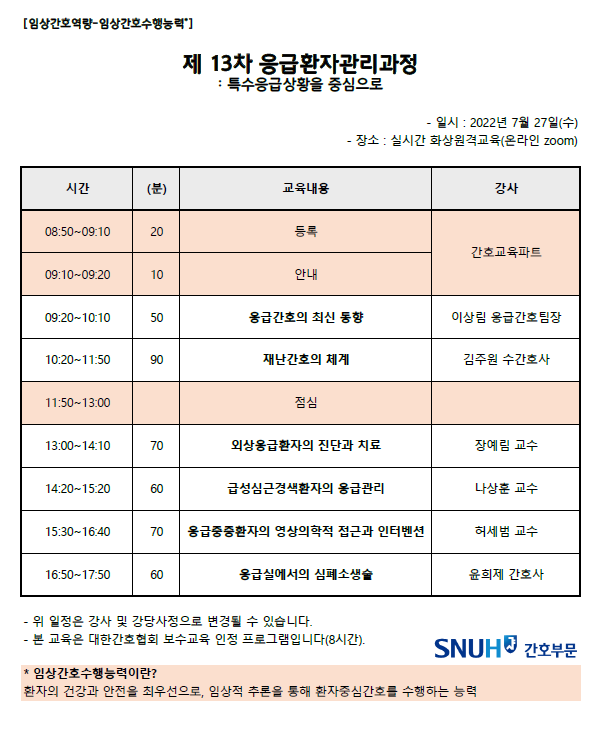 2022년도 7월 제13차 응급환자관리과정 : 특수응급상황을 중심으로 일정표입니다.