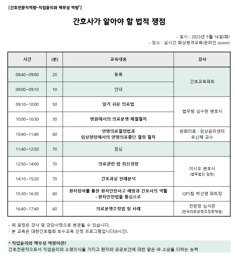 2023년도 5월 간호사가 알아야 할 법적 쟁점 일정표입니다.