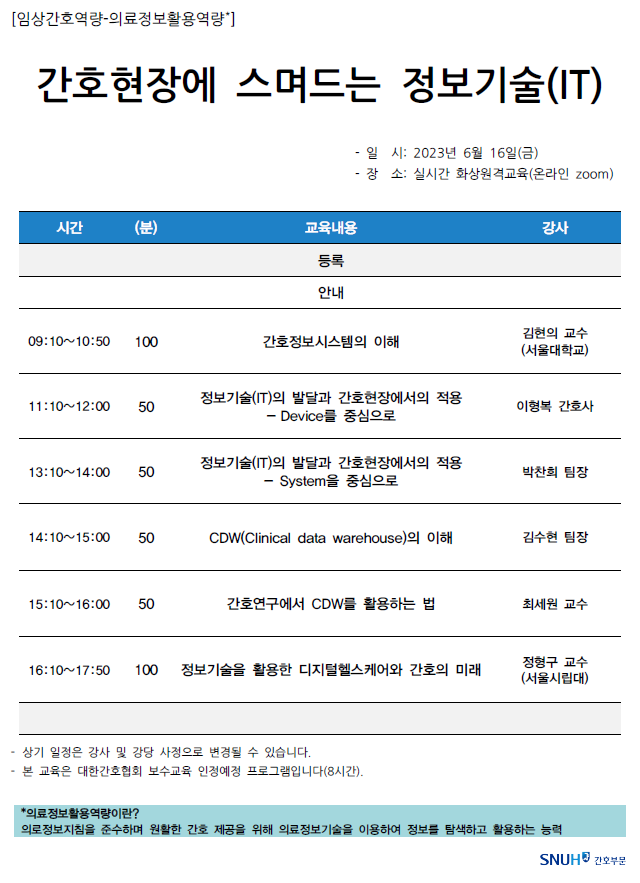 간호사 보수교육 간호현장에 스며드는 정보기술(IT) 일정표