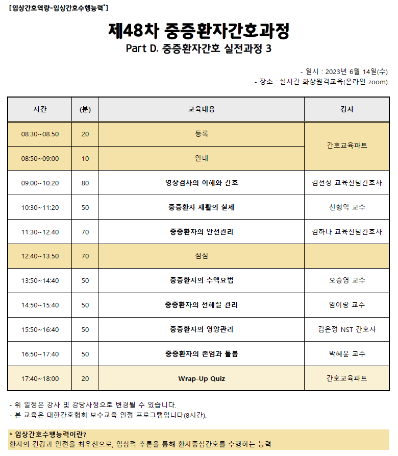 2023년도 6월 제48차 중증환자간호과정 Part D. 실전과정 3 일정표입니다.